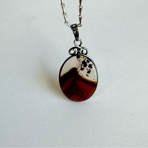 Vintage Montana Picture Agate Necklace Mountain Scene Sterling Silver Pendant - Picture 7 of 13